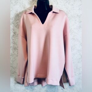 Tahari Woman's Pull Over Collared Vee Neck Top Pink Size Large Modal Spandex